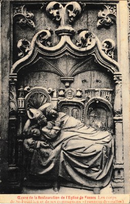 Œuvre de la Restauration de l'Eglise de Fosses - Les corps de St-Feuillen et de ses compagnons (panneau des stalles)