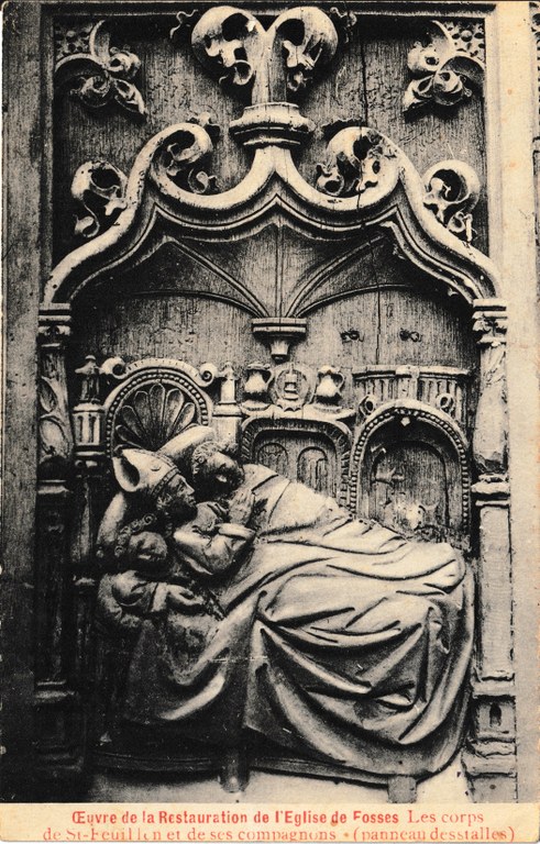 Œuvre de la Restauration de l'Eglise de Fosses - Les corps de St-Feuillen et de ses compagnons (panneau des stalles)
