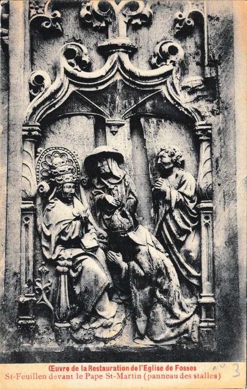 Œuvre de la Restauration de l'Eglise de Fosses - St-Feuillen devant le Pape St-Martin (panneau des stalles)