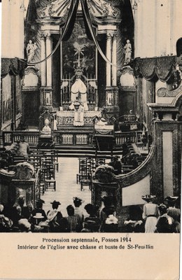 Procession septennale, Fosses 1914 - Intérieur de l'église avec châsse et buste de St-Feuillen