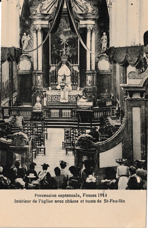 Procession septennale, Fosses 1914 - Intérieur de l'église avec châsse et buste de St-Feuillen