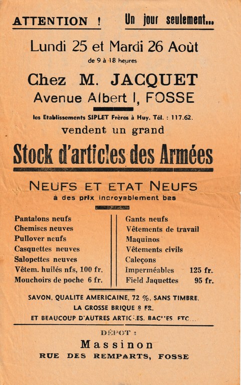 Affiche annonçant une vente de "stock d'articles des armées"