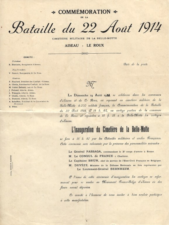 Invitation à l'inauguration du cimetière de la Belle-Motte