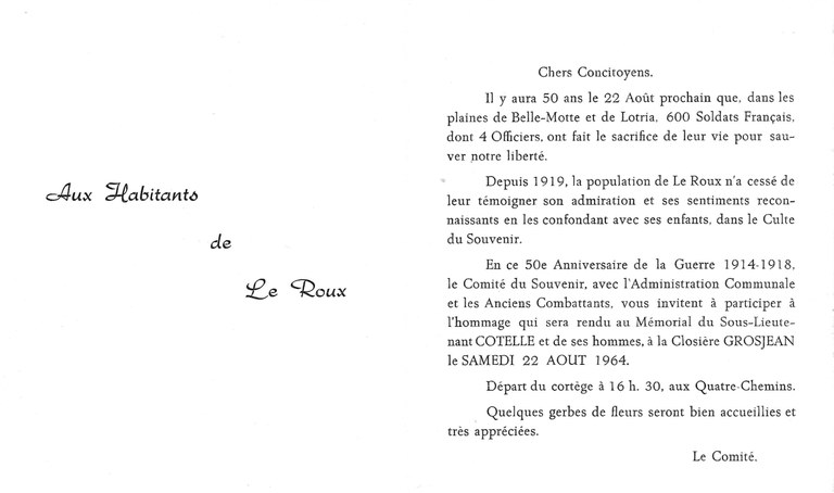 Invitation à une commémoration au mémorial du Ss-Lieutenant Cotelle