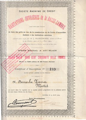Actions de la Société anonyme de Crédit "Habitations ouvrières de la Basse-Sambre"