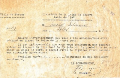 Avertissement - Livraison de la laine de mouton - Tonte de 1942