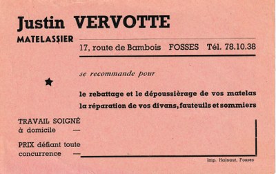 Carte commerciale de Justin Vervotte, matelassier