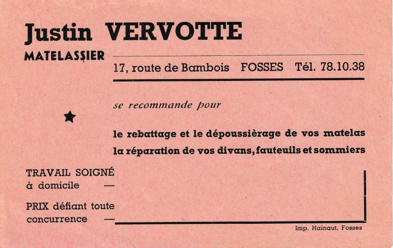Carte commerciale de Justin Vervotte, matelassier