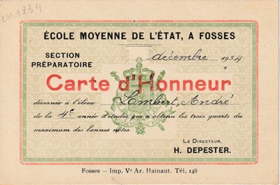 Carte d'Honneur - Ecole Moyenne de l'Etat, à Fosses