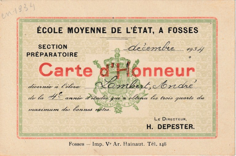 Carte d'Honneur - Ecole Moyenne de l'Etat, à Fosses