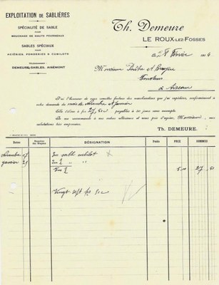 Facture de Th. Demeure - Exploitation de Sablières - Le Roux-lez-Fosse - 1914