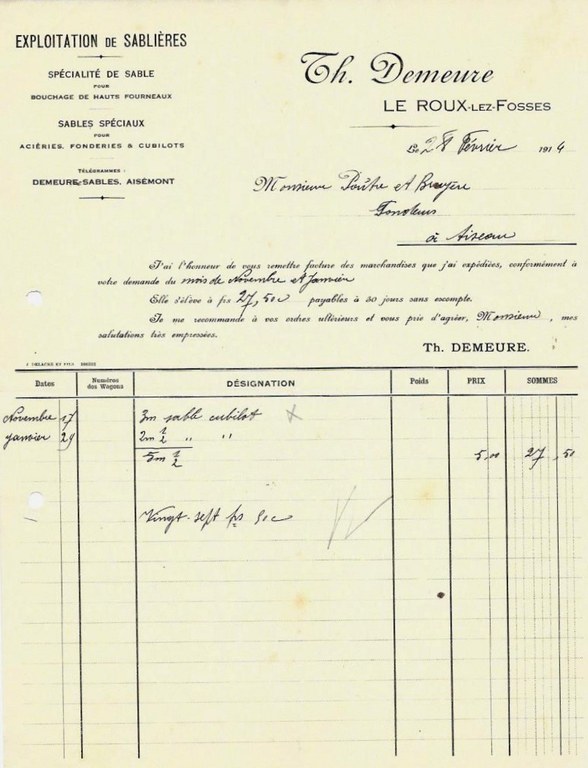 Facture de Th. Demeure - Exploitation de Sablières - Le Roux-lez-Fosse - 1914