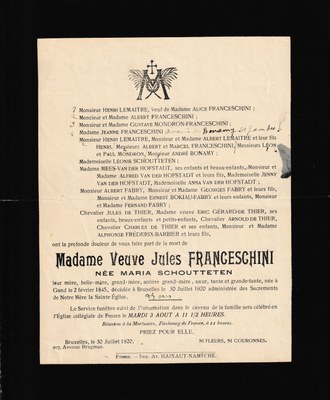 Faire-part mortuaire de Maria Schoutteten, veuve de Jules Franceschini