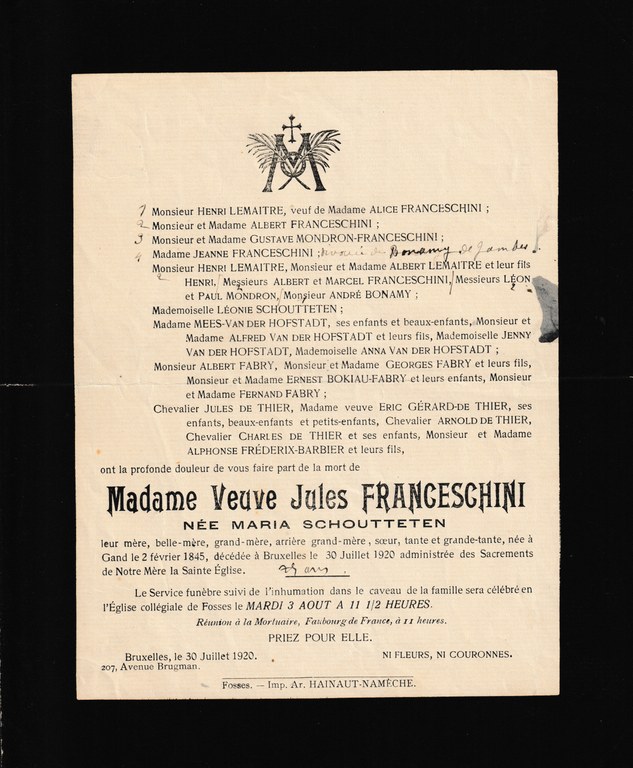 Faire-part mortuaire de Maria Schoutteten, veuve de Jules Franceschini