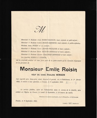 Faire-part mortuaire d'Emile Roisin, veuf de Pauline Winson