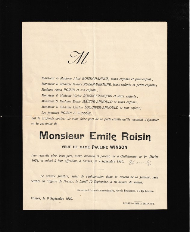 Faire-part mortuaire d'Emile Roisin, veuf de Pauline Winson