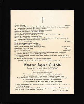 Faire-part mortuaire d'Eugène Gillain