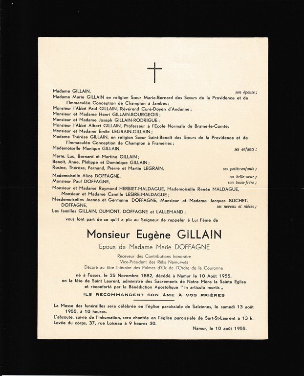 Faire-part mortuaire d'Eugène Gillain