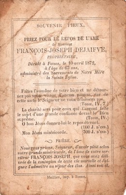 Souvenir de décès François-Joseph Dejaifve