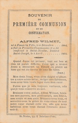 Souvenir de Première Communion et de Confirmation - Alfred Wilmet