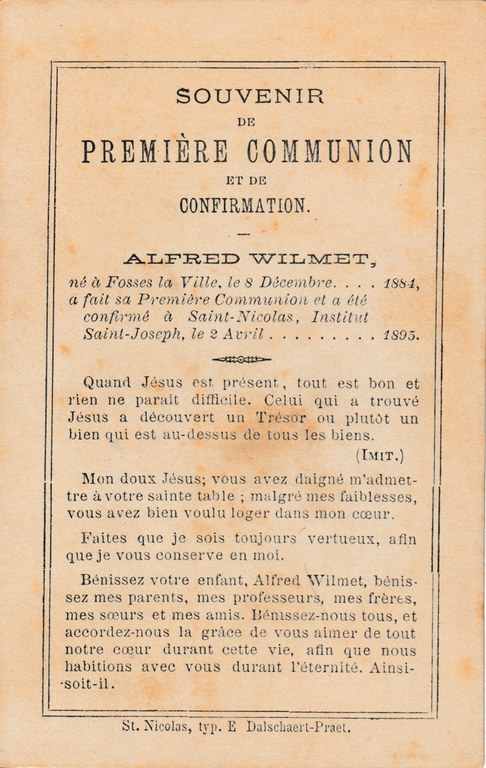 Souvenir de Première Communion et de Confirmation - Alfred Wilmet