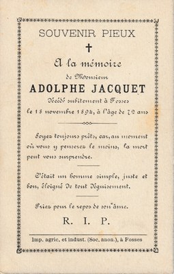 Souvenir du décès d'Adolphe Jacquet