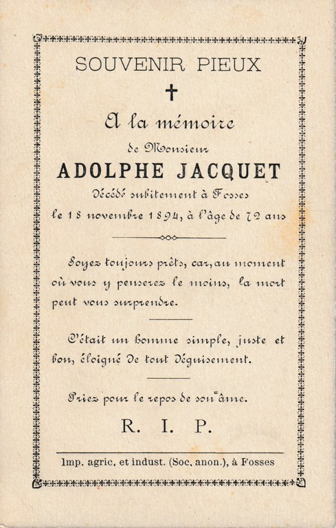 Souvenir du décès d'Adolphe Jacquet