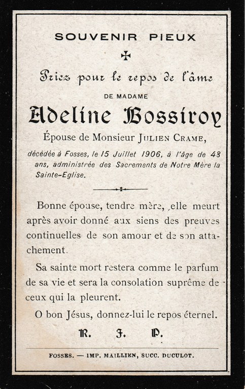 Souvenir - Faire-part de décès - Adeline Bossiroy - 1906