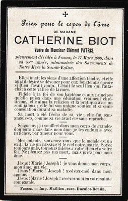 Souvenir - Faire-part de décès - Catherine Biot - 1909