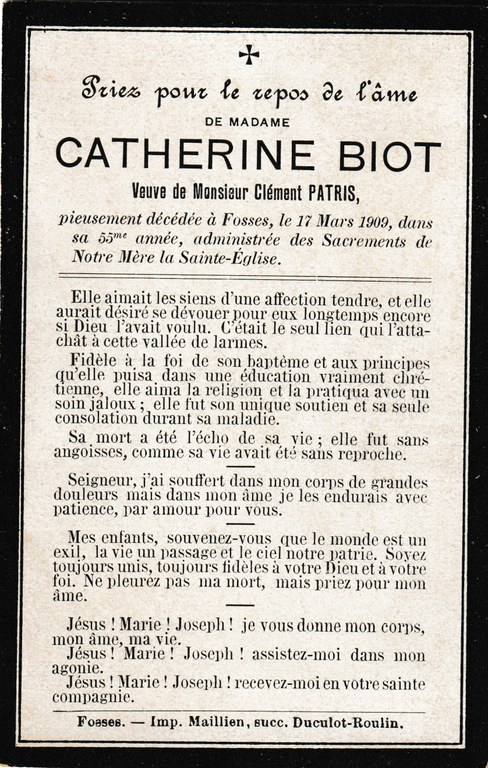 Souvenir - Faire-part de décès - Catherine Biot - 1909