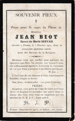 Souvenir - Faire-part de décès - Jean Biot - 1901