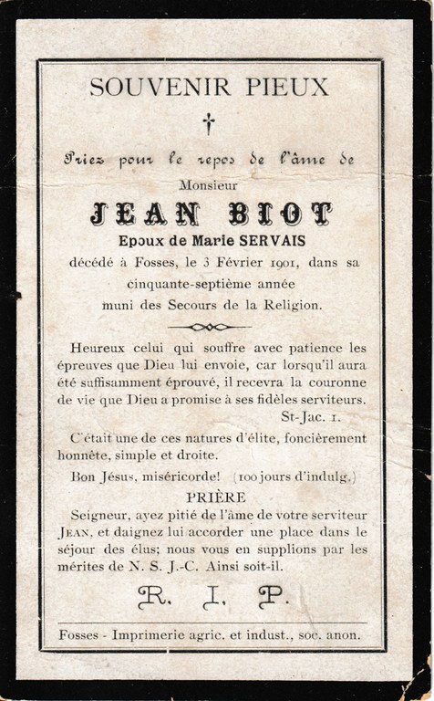 Souvenir - Faire-part de décès - Jean Biot - 1901