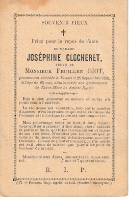 Souvenir - Faire-part de décès - Joséphine Clocheret -1893