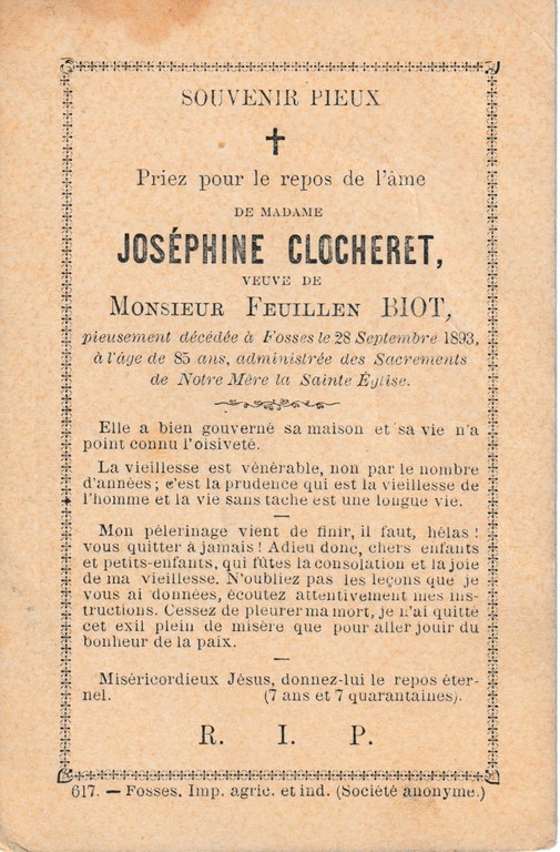 Souvenir - Faire-part de décès - Joséphine Clocheret -1893