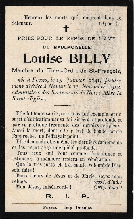 Souvenir - Faire-part de décès - Louis Billy - 1841-1912
