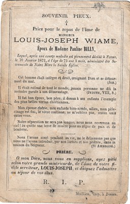 Souvenir - Faire-part de décès - Louis-Joseph Wiame - 1872