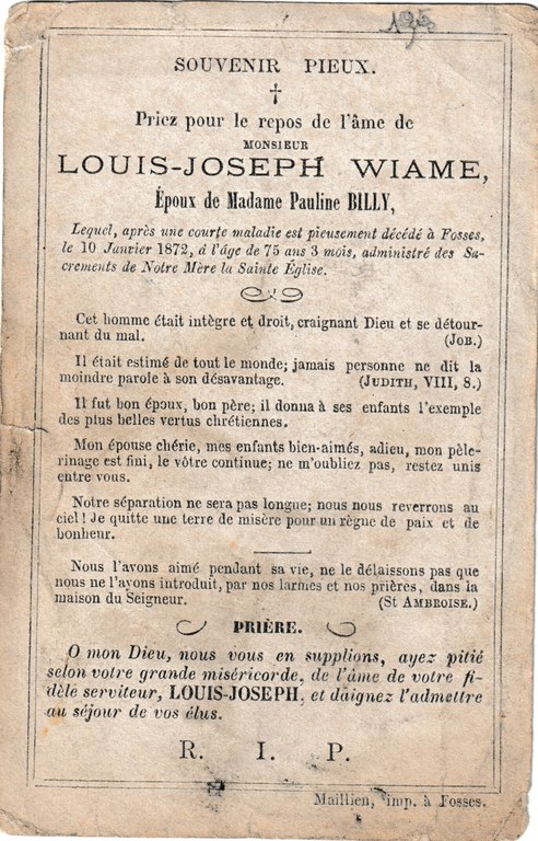 Souvenir - Faire-part de décès - Louis-Joseph Wiame - 1872