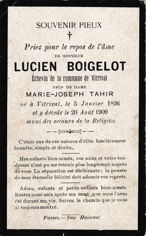 Souvenir - Faire-part de décès - Lucien Boigelot - 1836-1909
