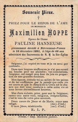 Souvenir - Faire-part de décès - Maximilien Hoppe - 1891