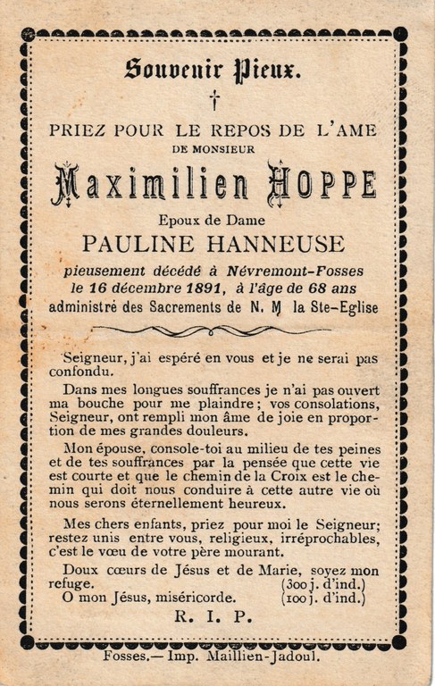 Souvenir - Faire-part de décès - Maximilien Hoppe - 1891