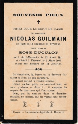 Souvenir - Faire-part de décès - Nicolas Guilmain - 1841-1907