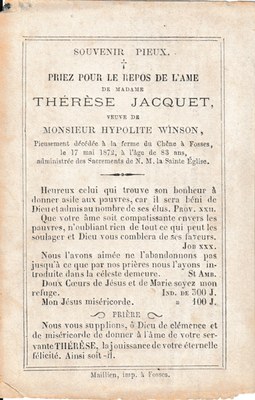 Souvenir - Faire-part de décès - Thérèse Jacquet - 1872