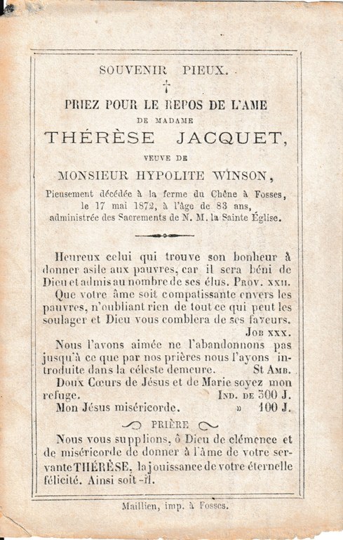 Souvenir - Faire-part de décès - Thérèse Jacquet - 1872