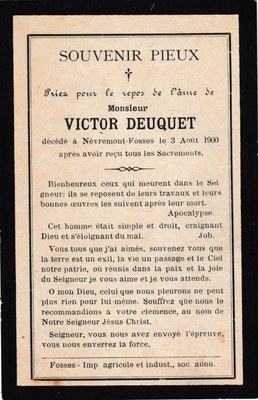 Souvenir - Faire-part de décès - Victor Deuquet - 1900