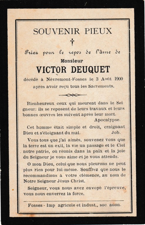 Souvenir - Faire-part de décès - Victor Deuquet - 1900