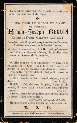 Souvenir pieux - Décès de Firmin Joseph Beguin, époux de Malvina Lorent