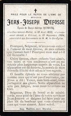 Souvenir pieux - Décès de Jean-Joseph Defosse, époux d'Adeline Herbecq
