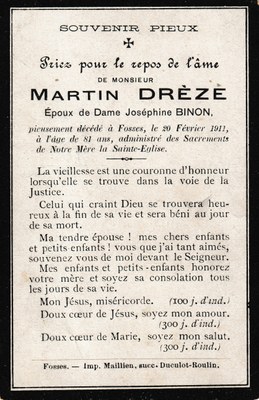 Souvenir pieux - Décès de Martin Drèze, époux de Joséphine Binon