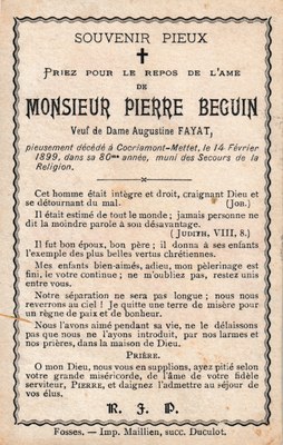 Souvenir pieux - Décès de Pierre Beguin, veuf d'Augustine Fayat