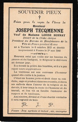 Souvenir pieux - Joseph Tecqmenne (Veuf de Louise Honnay)